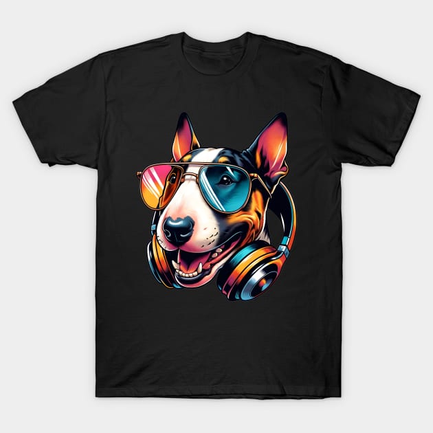 Miniature Bull Terrier as Smiling DJ with Headphones T-Shirt by ArtRUs